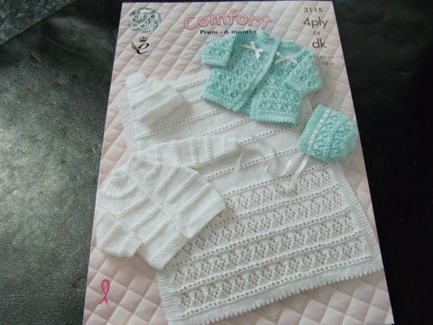 King Cole Double Knit or 4 Ply Knitting Pattern 3115 Prem - 6 Months