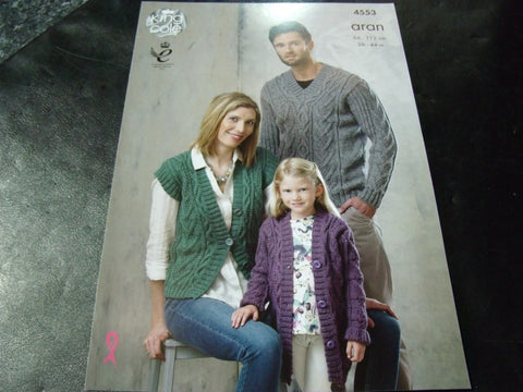 King Cole Aran knitting Pattern 4553 Cardigan, Sweater and Waistcoat