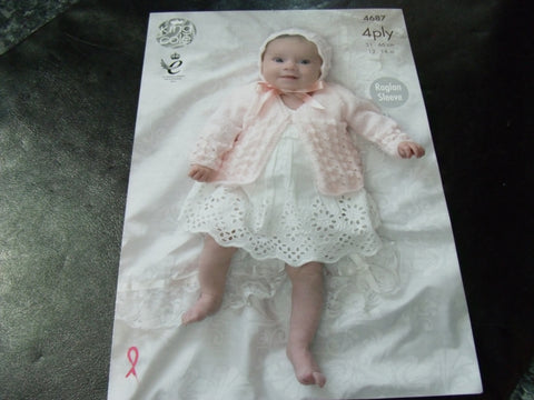 King Cole Baby 4 Ply Knitting Pattern 4687 Matinee Coat Set