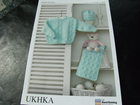 UKHKA Double Knitting Pattern 103 Sweater, Hat and Scarf  12-20 in