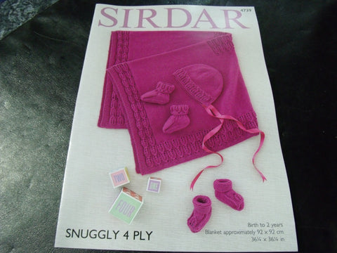 Sirdar Snuggly 4 Ply Knitting Pattern 4739 Blanket, Bonnet and Bootees